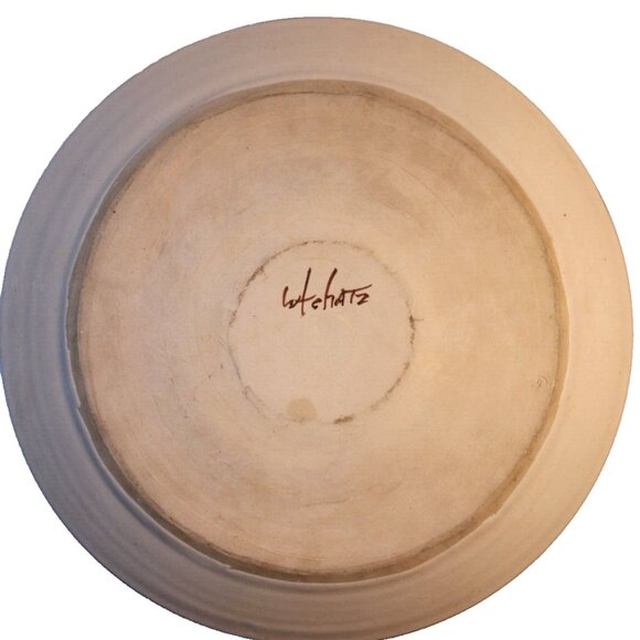 Handcrafted Stoneware Pottery Floral Chip & Dip Bowl Blue Ivory Signed Glazed - Picture 4 of 10